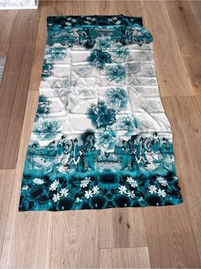 Luxiu 100% Mulberry Silk Scarf Shawl Chinese Peony Ladies Teal 39x69" NWT